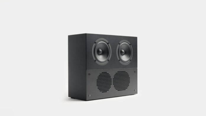 NocDesign releases an elegant Mini studio speaker designed with a black speaker on a white background.