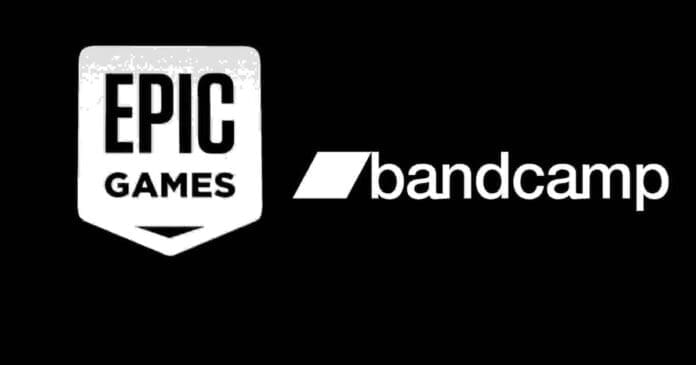 Epic Games logo on Bandcamp background.