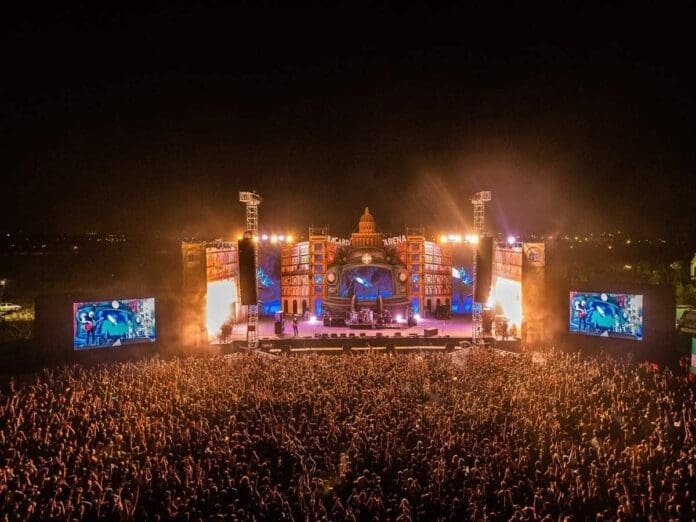 An aerial view of a concert stage at night during BACARDÍ NH7 Weekender.