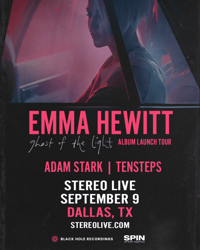 A poster featuring Emma Hewitt's album and the upcoming Stereo Live Dallas concert with Tensteps and Adam Stark on September 9th.