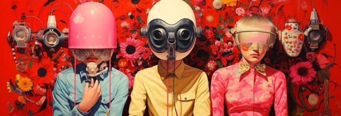 A remake of the synth from 'We Do What We Want' featuring a group of people wearing pink helmets in a painting.