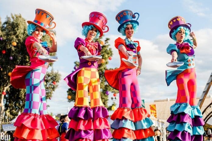 Group, costumes, stilts