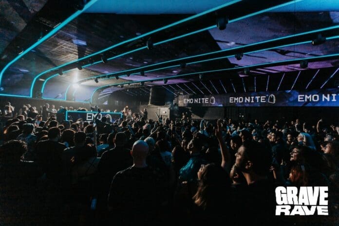 A crowd of people at an Academy LA nightclub excitedly experiencing GRAVE RAVE.