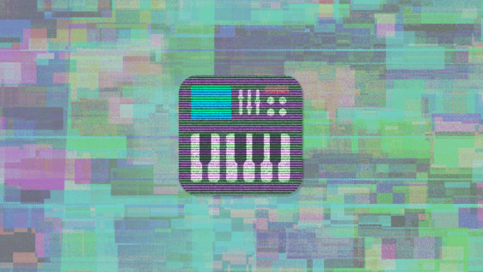 A pixelated image of a synthesizer with insane effects on a colorful background.