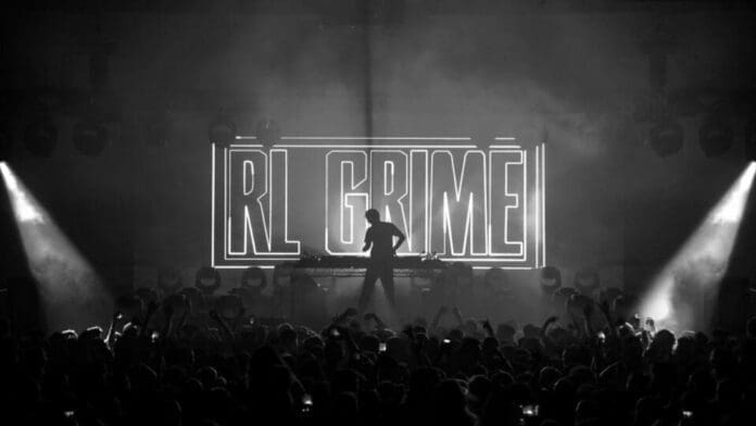 A black and white photo of a crowd at a concert is set ablaze by RL Grime's new single, 