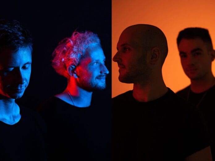 Three men standing in front of an orange and blue light during a Township Rebellion and NoNameLeft EP release on Truesoul.