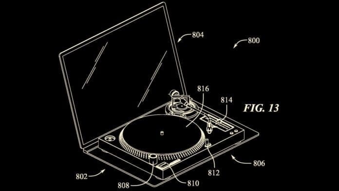 Apple's patent drawing of a turntable for laptops.