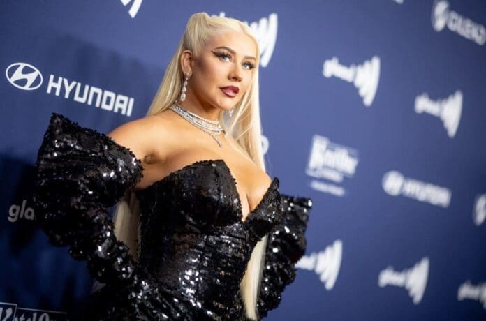 Cher, dressed in a black dress, posing on the red carpet at the premiere of 'Burlesque' alongside Christina Aguilera.