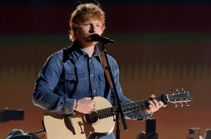 Ed Sheeran performs at the Grammy Awards.