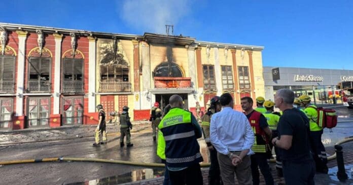 Group of people, Spanish nightclub hit by deadly fire with smoke coming out, ordered to close last year.