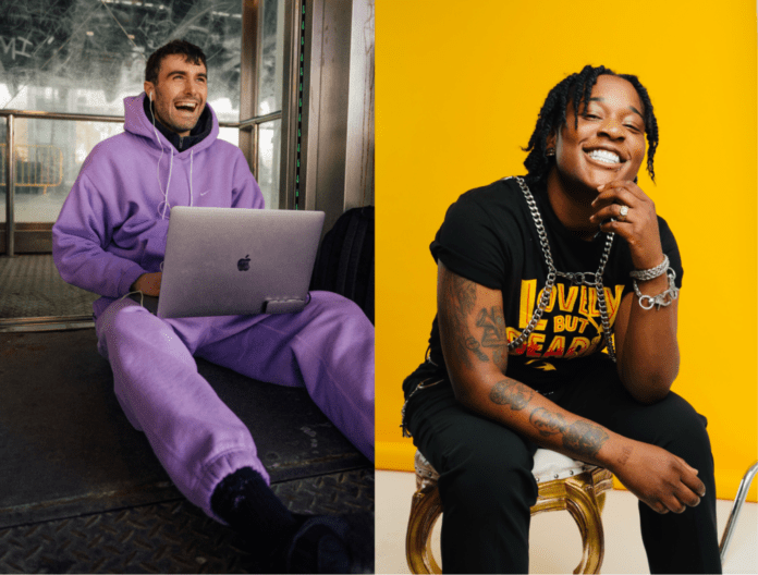 Two pictures of a man with a laptop and a man with a purple hoodie collaborating on 'ten'.