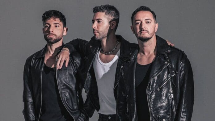 Three men posing for a photo in leather jackets.