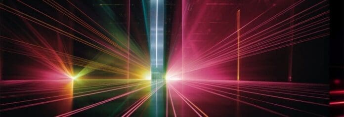 An image of a colorful automated laser light in a dark room.