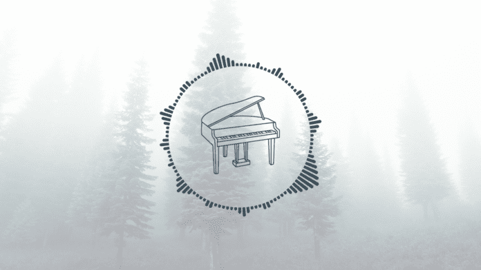 An image of a piano in a mysterious forest.