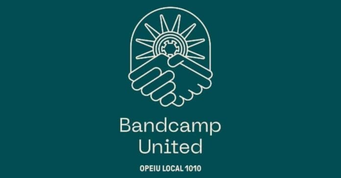 Bandcamp united logo on a blue background, promoting fair labour practices.