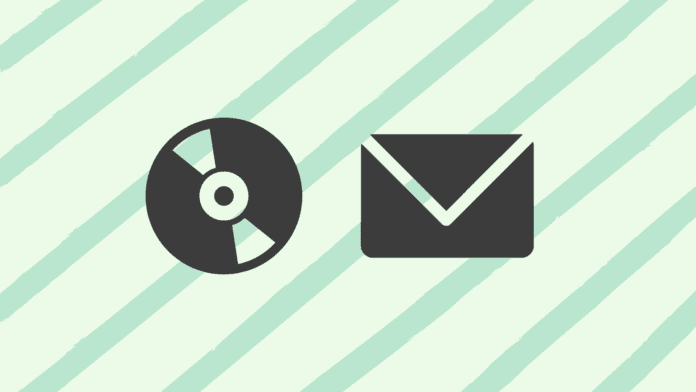 A CD with a mail icon on a striped background, perfect for sending music with personalized labels.