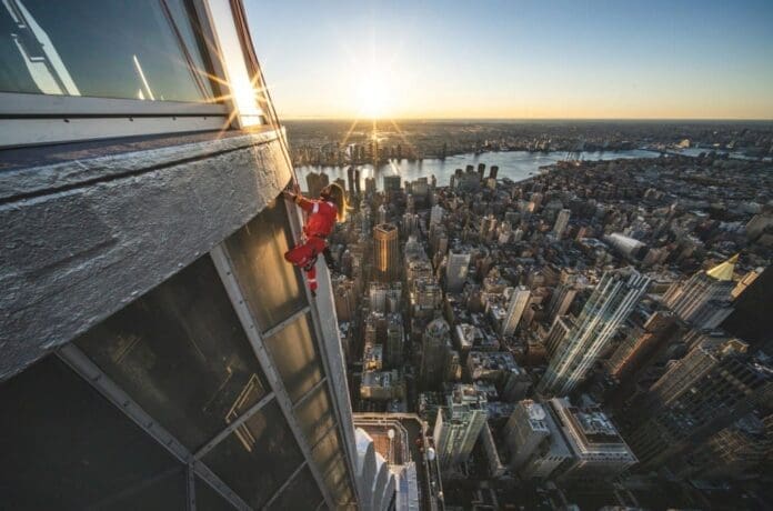 Jared Leto is climbing the edge of the Empire State Building in New York City.