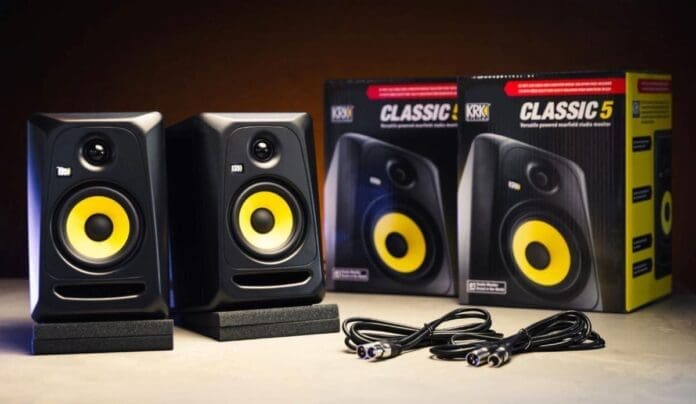 The CLASSIC 5 Monitor pack from KRK is an all-in-one package featuring two pairs of speakers in front of a box.