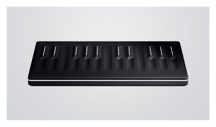 A black ROLI keyboard on a white background.