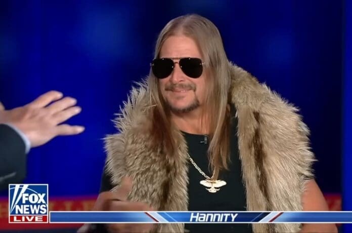 Kid Rock, wearing a fur vest and sunglasses, appears on Fox News.