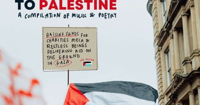 A fundraising poster featuring 'the road to Palestine’ - a compilation of news & remembrance in Manchester.